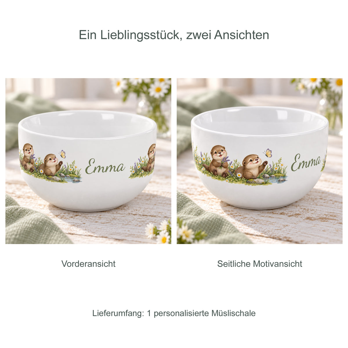 Zwei Ansichten derselben bedruckten Schale – Müslischale Otter Blumenwiese, Beispielname Emma