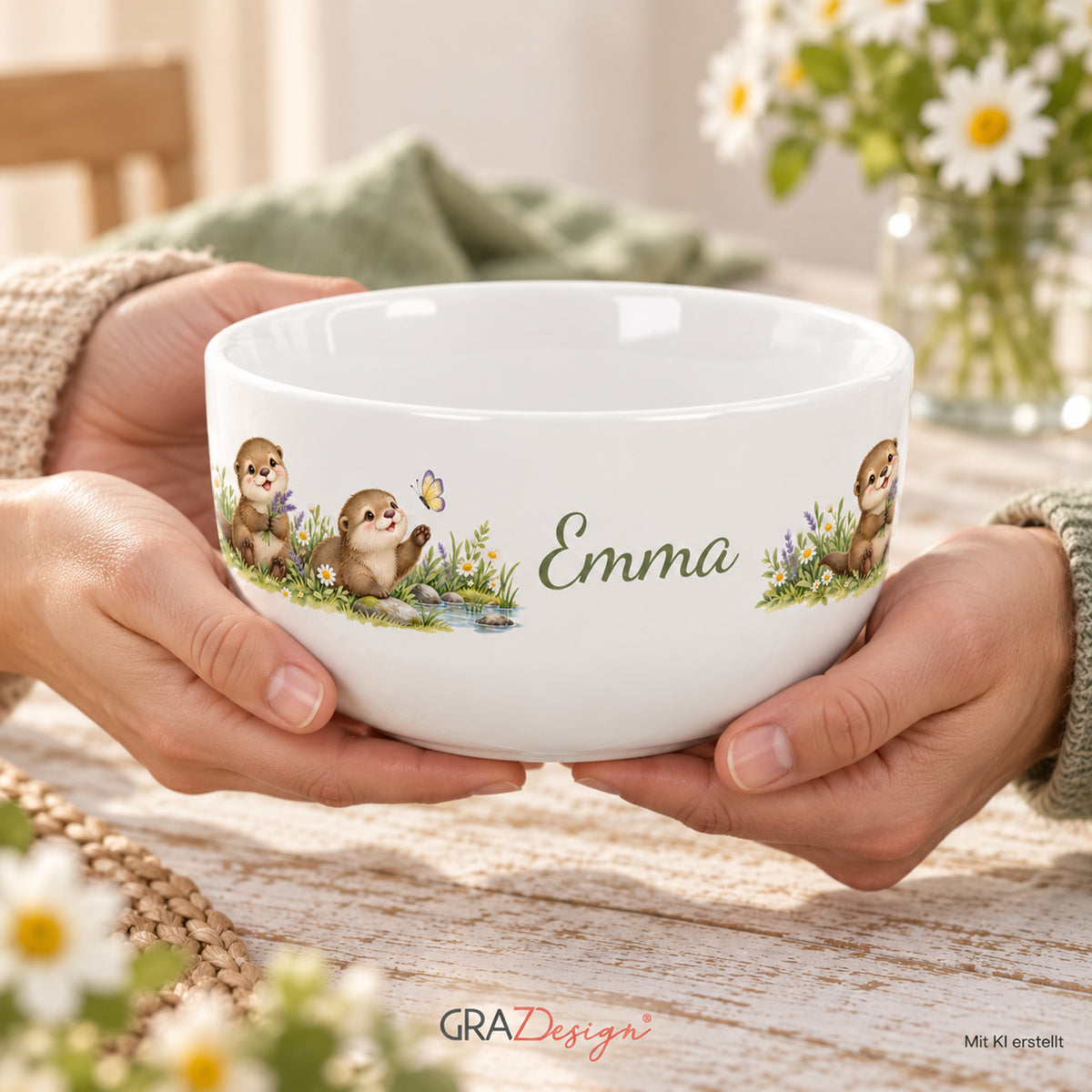 Nutzungsszene mit Händen, mit KI erstellt – Müslischale Otter Blumenwiese, Beispielname Emma