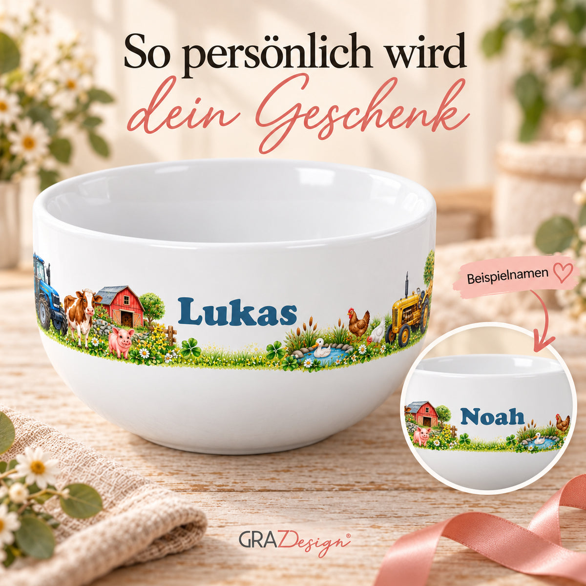 Personalisierte Müslischale Traktor – Tierische Hofrunde – Ansicht 5