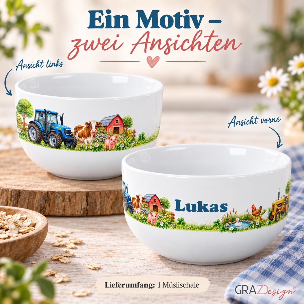 Personalisierte Müslischale Traktor – Tierische Hofrunde – Ansicht 6