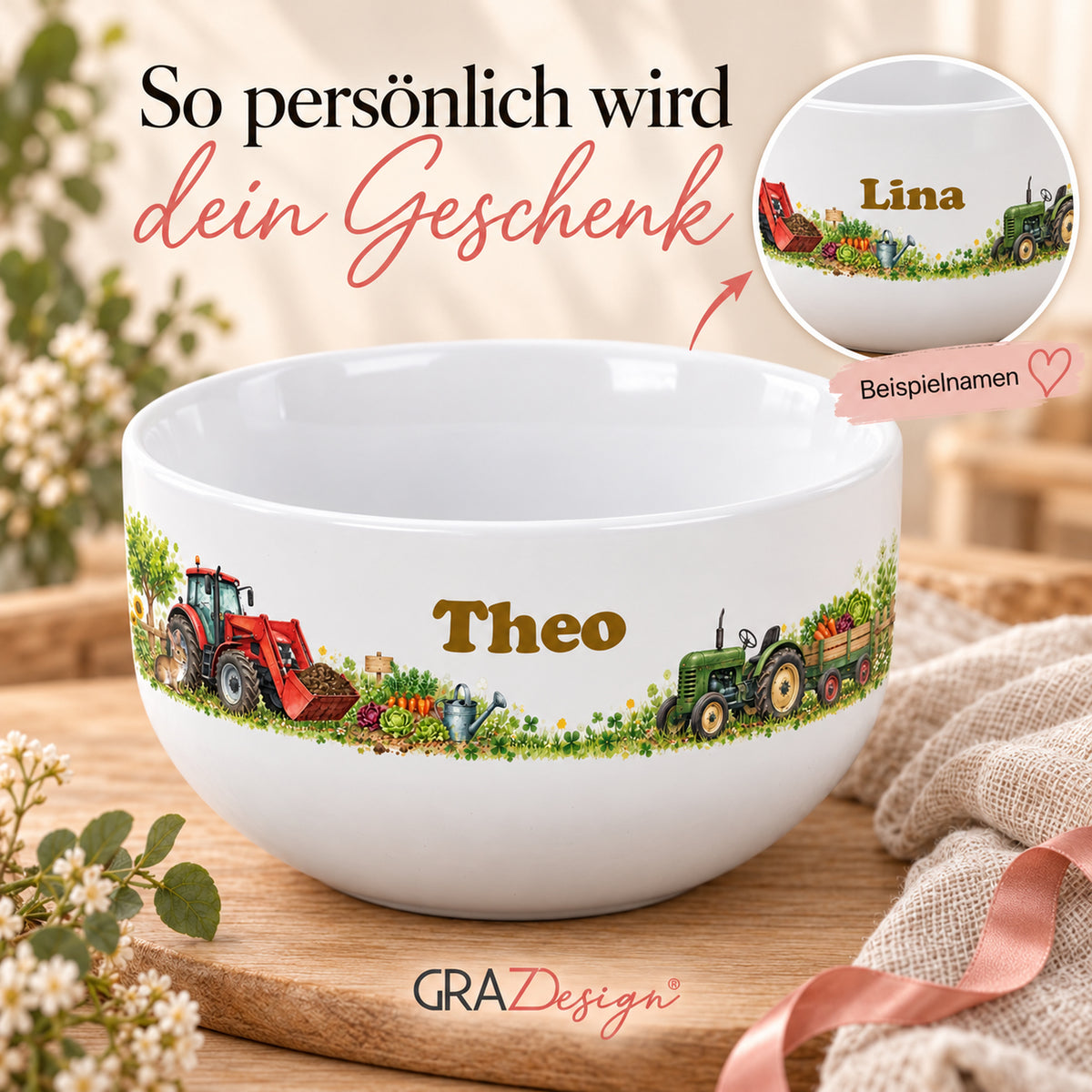 Personalisierte Müslischale Traktor – Grüne Gartenfreunde – Ansicht 5