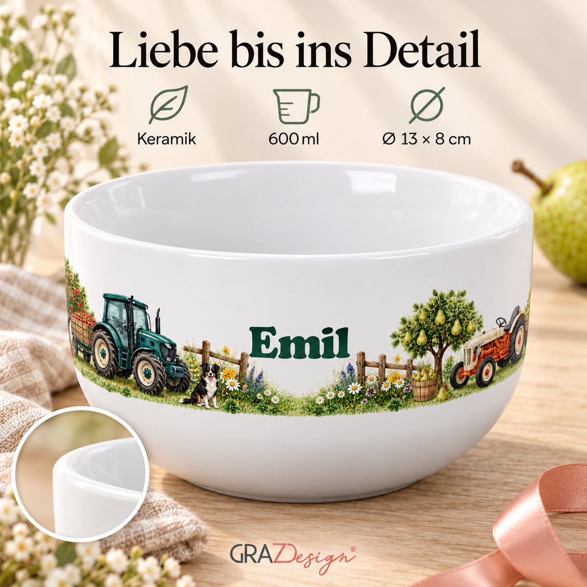 Personalisierte Müslischale Traktor – Unterwegs im Obstgarten – Ansicht 4