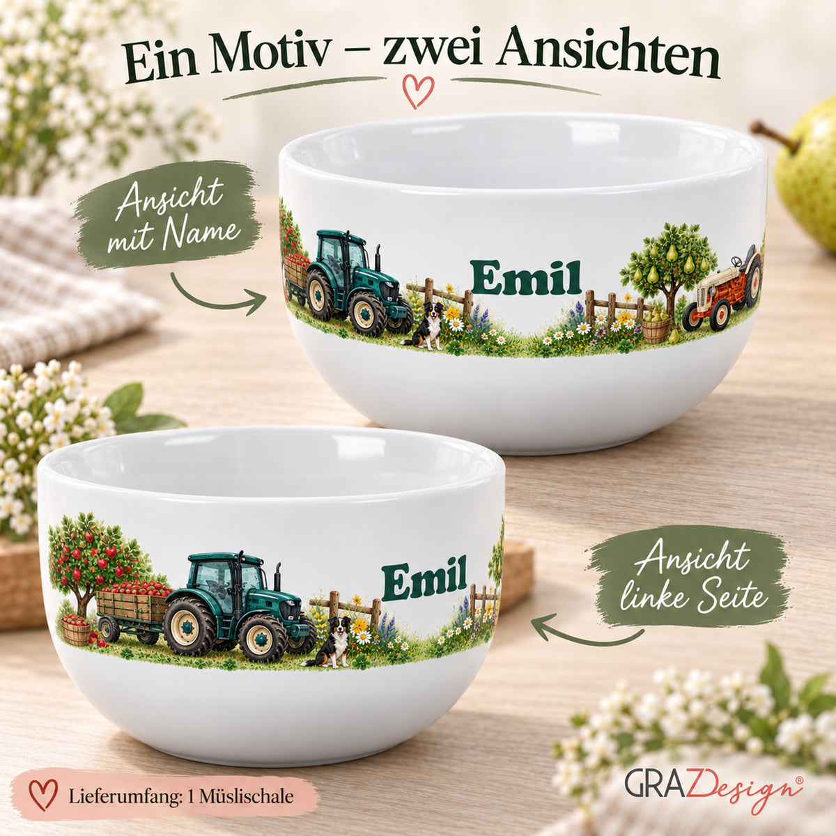Personalisierte Müslischale Traktor – Unterwegs im Obstgarten – Ansicht 6