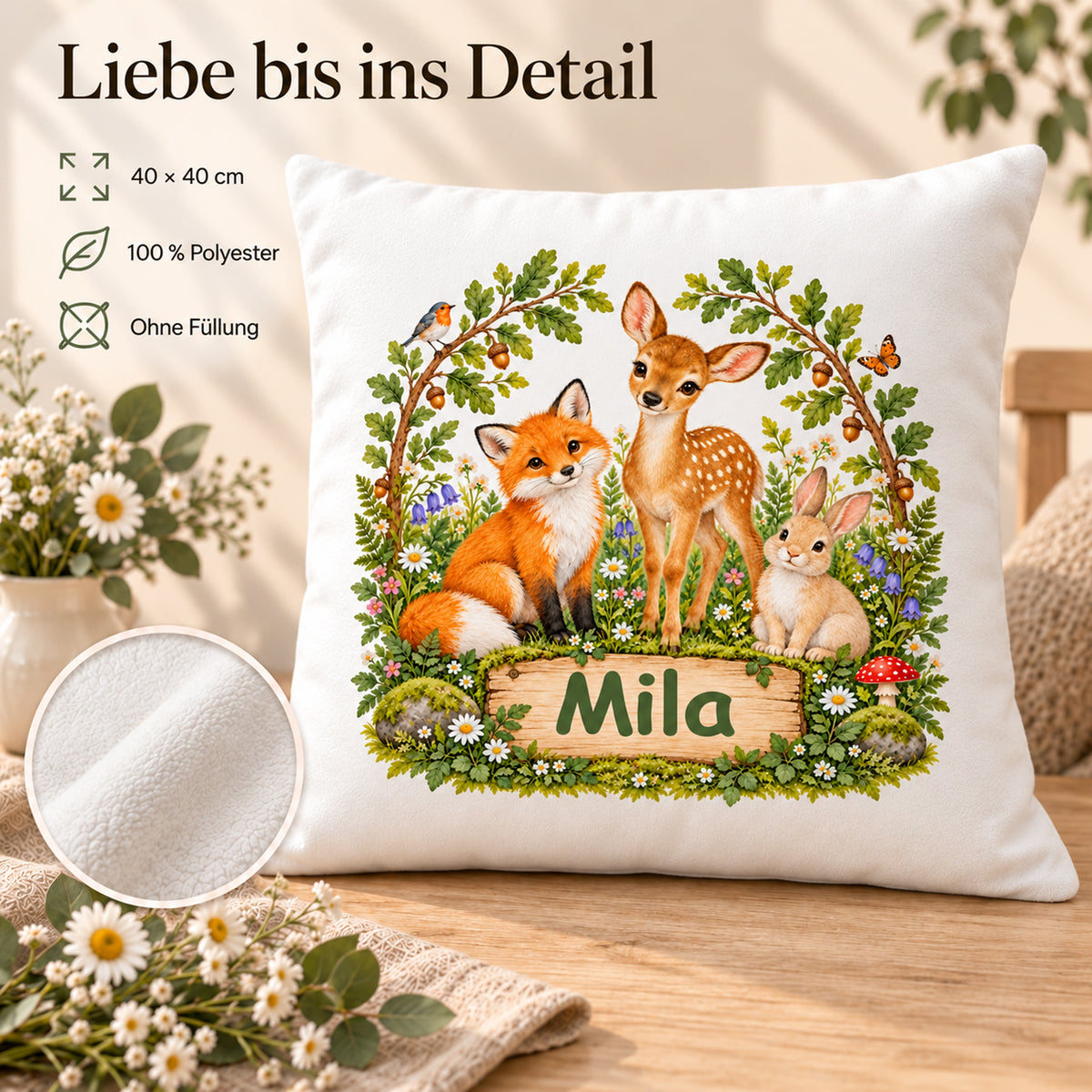 Produktdetails des Waldtier-Kissenbezugs: 40 × 40 cm, 100 % Polyester, Bezug ohne Füllung.