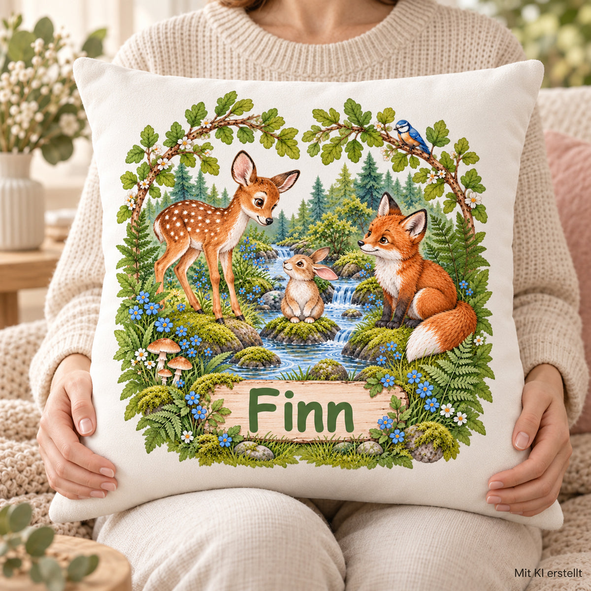 Eine erwachsene Person hält das Waldtier-Kissen mit Namensbeispiel Finn auf dem Schoß; unten rechts steht „Mit KI erstellt“.
