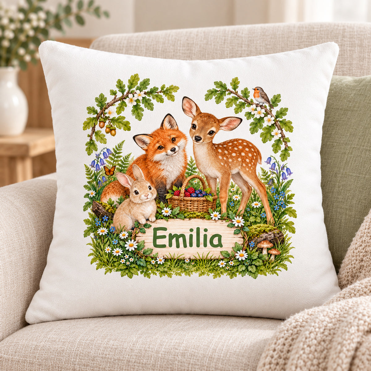 Frontalansicht des Waldtier-Kissens „Picknick auf der Waldlichtung“ mit Namensbeispiel Emilia auf einem Leinenstuhl.