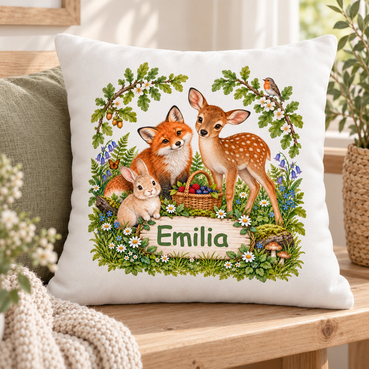 Dreiviertelansicht des Waldtier-Kissens „Picknick auf der Waldlichtung“ mit Namensbeispiel Emilia auf einer Holzbank.