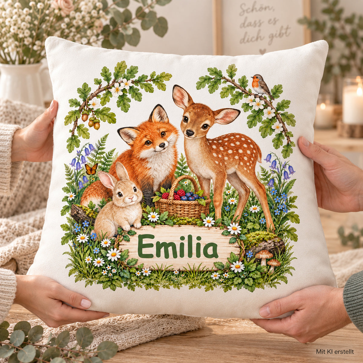 Vier erwachsene Hände überreichen das Waldtier-Kissen mit Namensbeispiel Emilia; unten rechts steht „Mit KI erstellt“.
