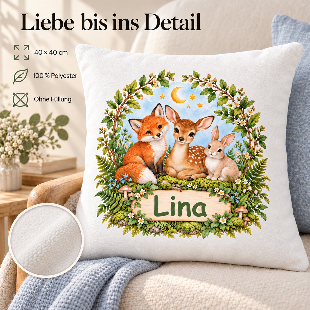 Produktdetails des Waldtier-Kissenbezugs: 40 × 40 cm, 100 % Polyester, Bezug ohne Füllung.