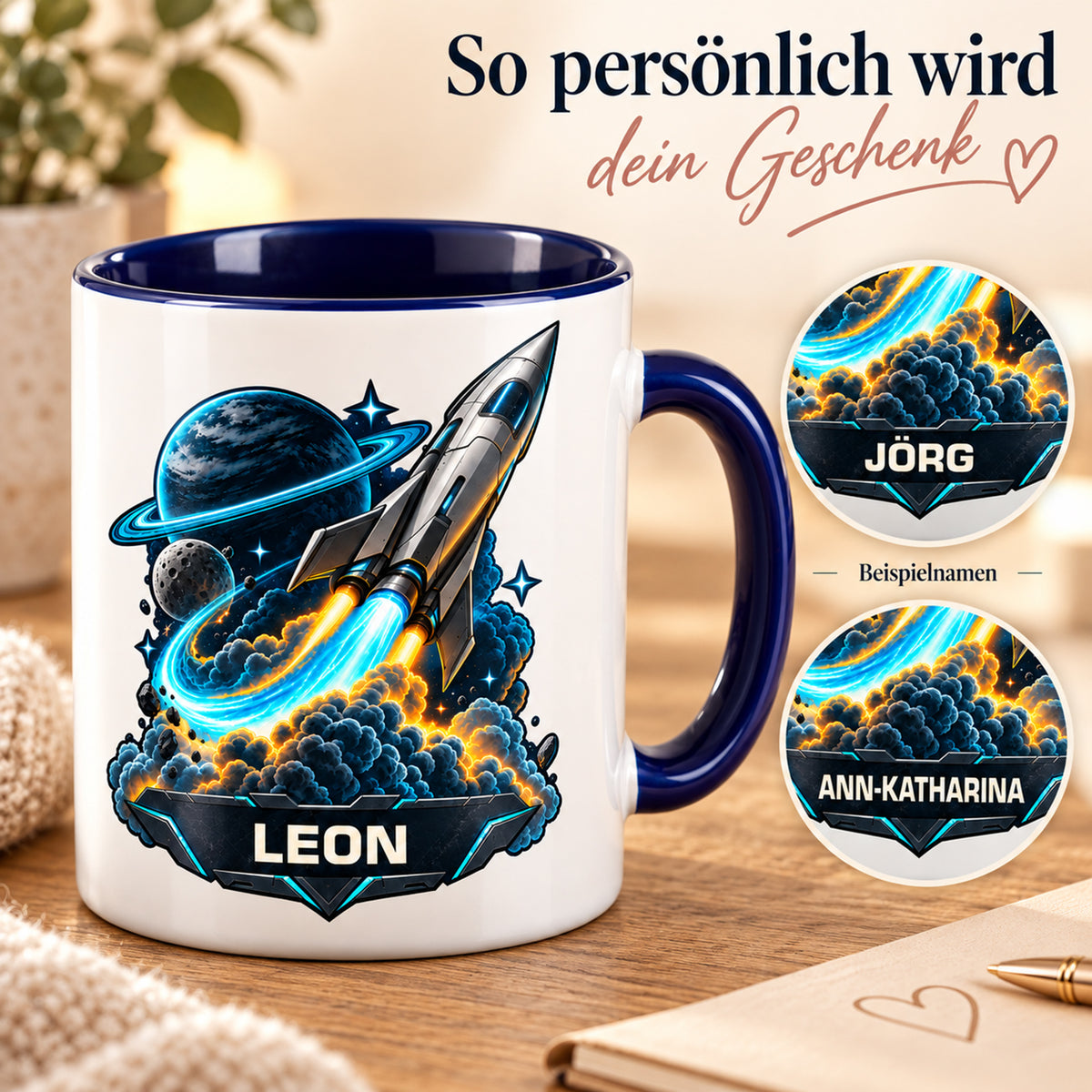 Namensbeispiele der Tasse Neonstart: LEON, JÖRG und ANN-KATHARINA
