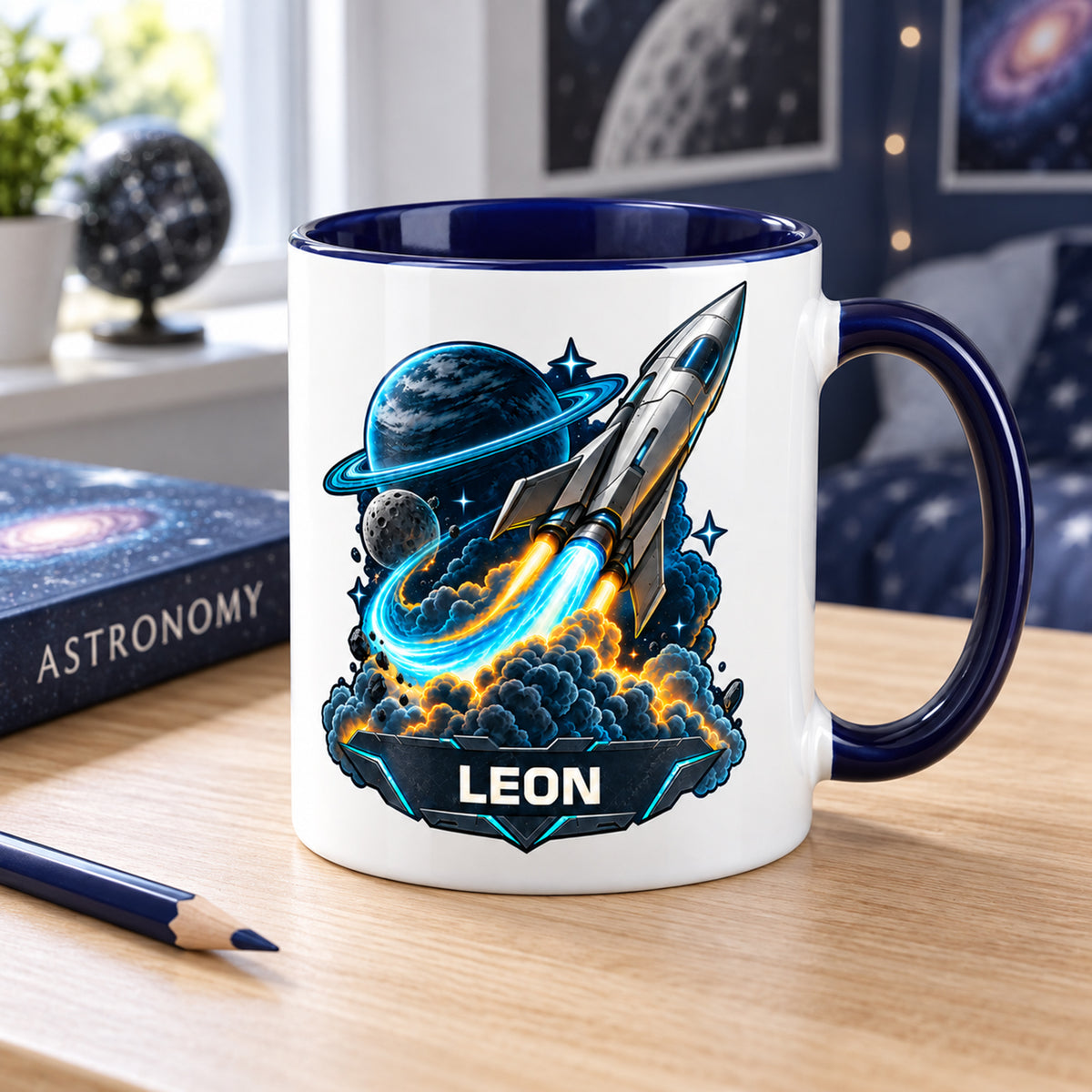 Weltall-Tasse Neonstart mit Beispielname LEON auf einem Schreibtisch