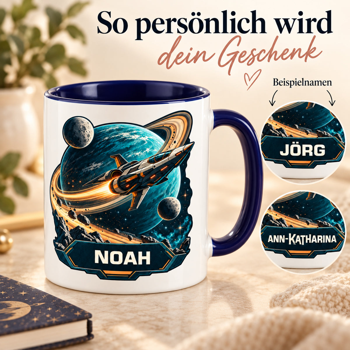Namensbeispiele der Tasse Ringplanet: NOAH, JÖRG und ANN-KATHARINA