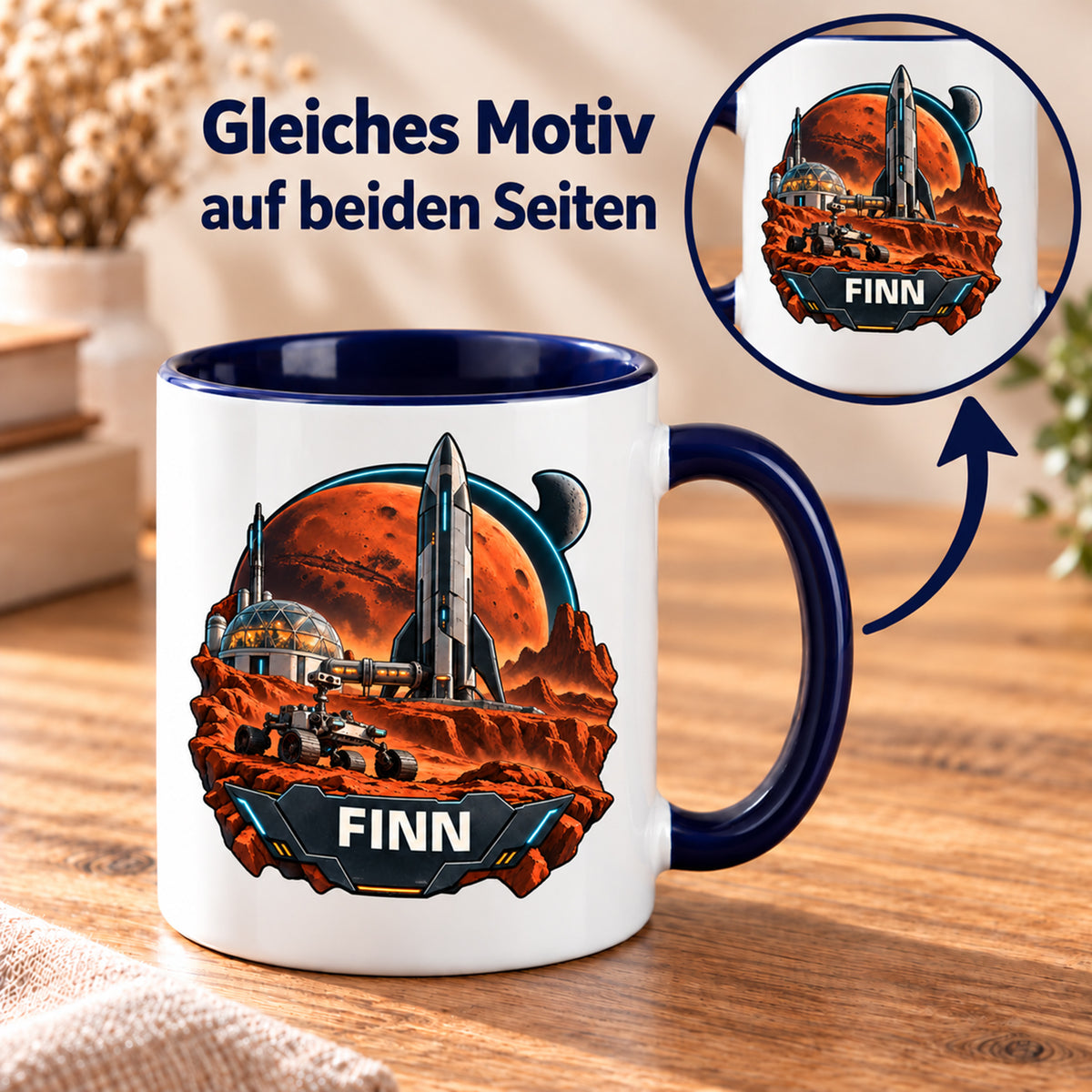 Tasse Marsbasis mit FINN, Pfeil und Detailansicht: gleiches Motiv auf beiden Seiten