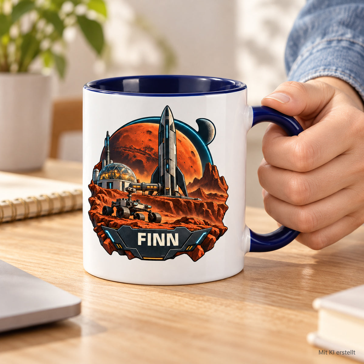 Tasse Marsbasis in einer Hand, Beispielname FINN, mit KI erstellt