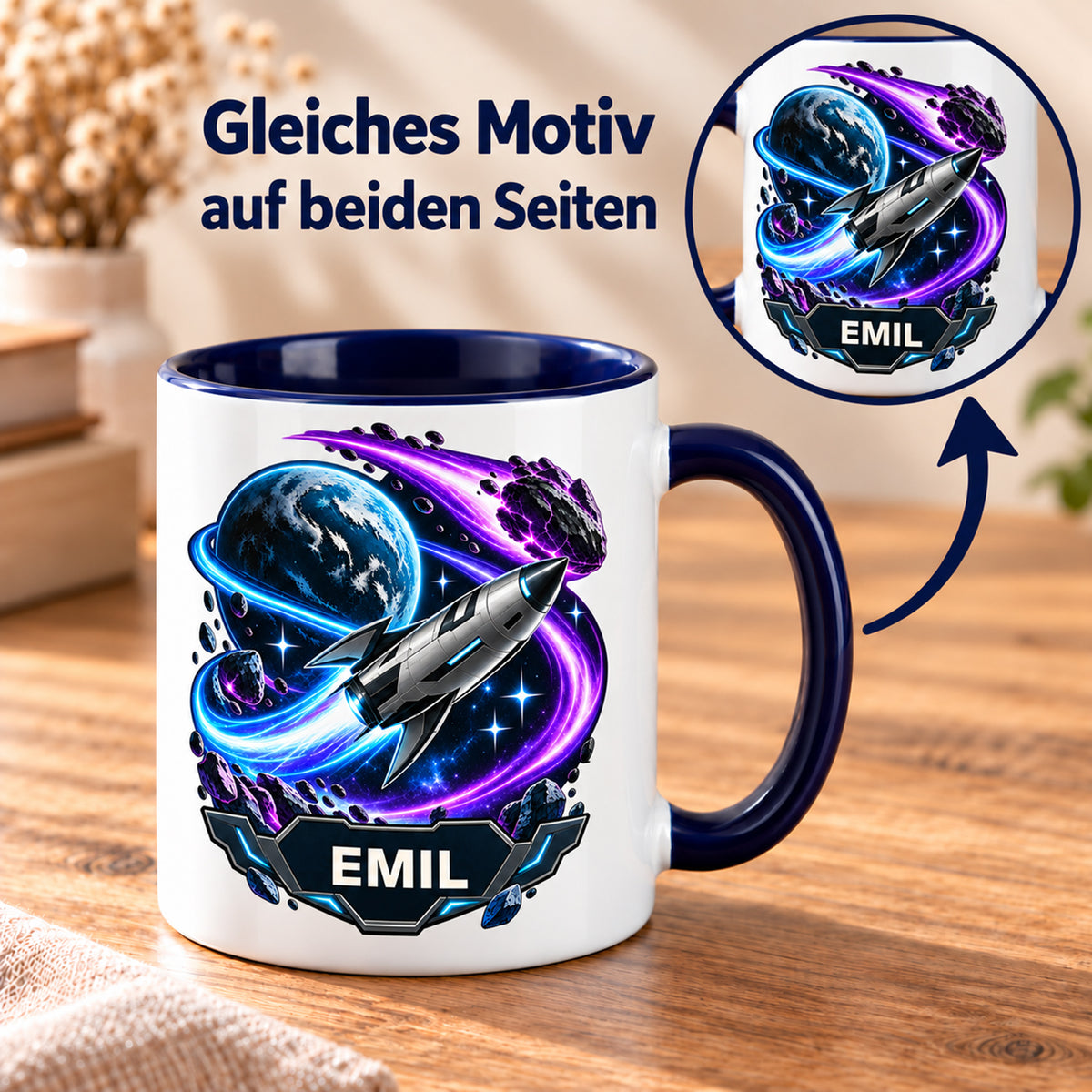 Tasse Kometenflug mit EMIL, Pfeil und Detailansicht: gleiches Motiv auf beiden Seiten