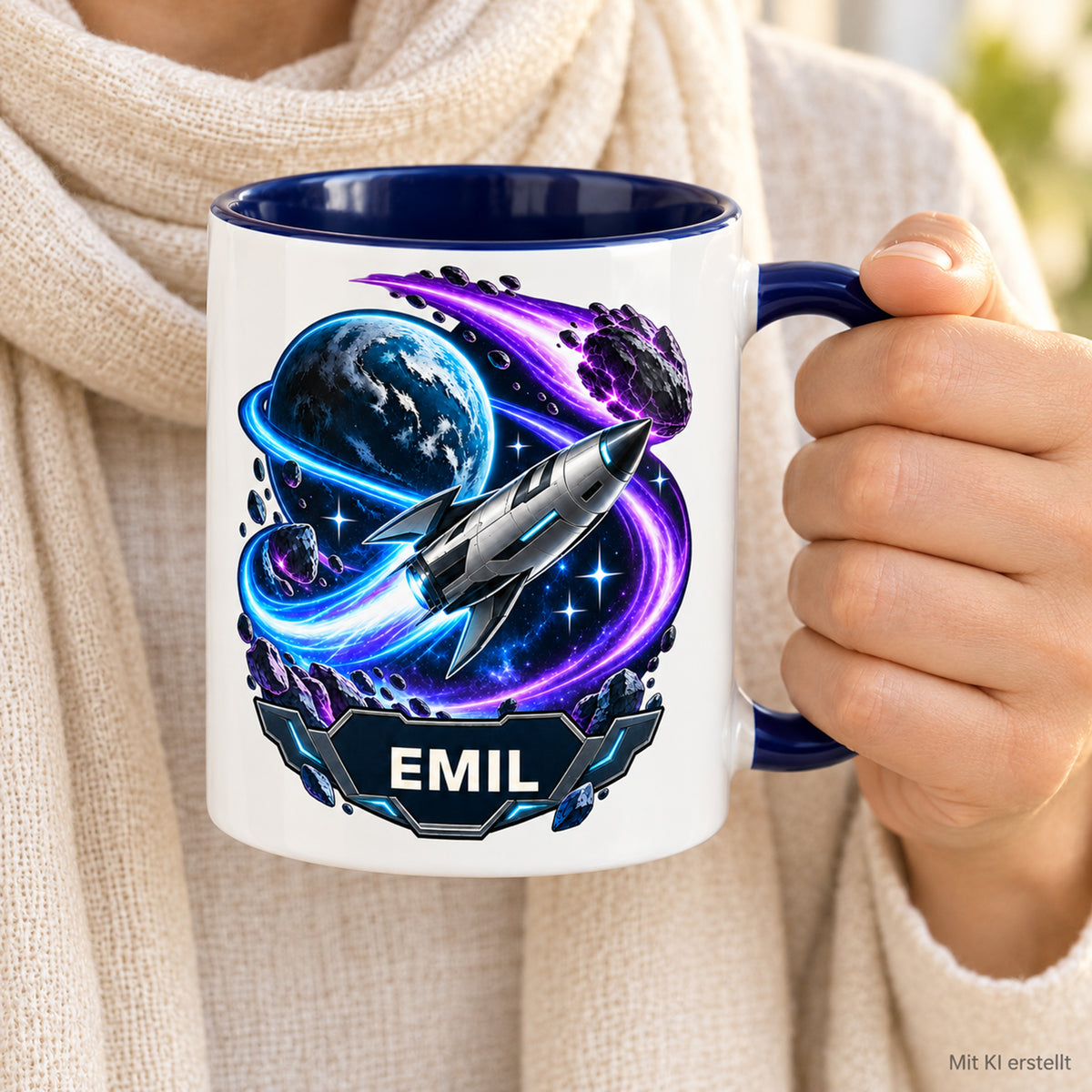 Tasse Kometenflug in einer Hand, Beispielname EMIL, mit KI erstellt
