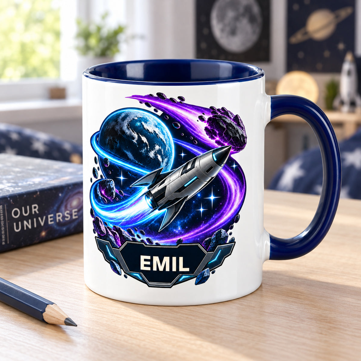 Weltall-Tasse Kometenflug mit Beispielname EMIL auf einem Schreibtisch