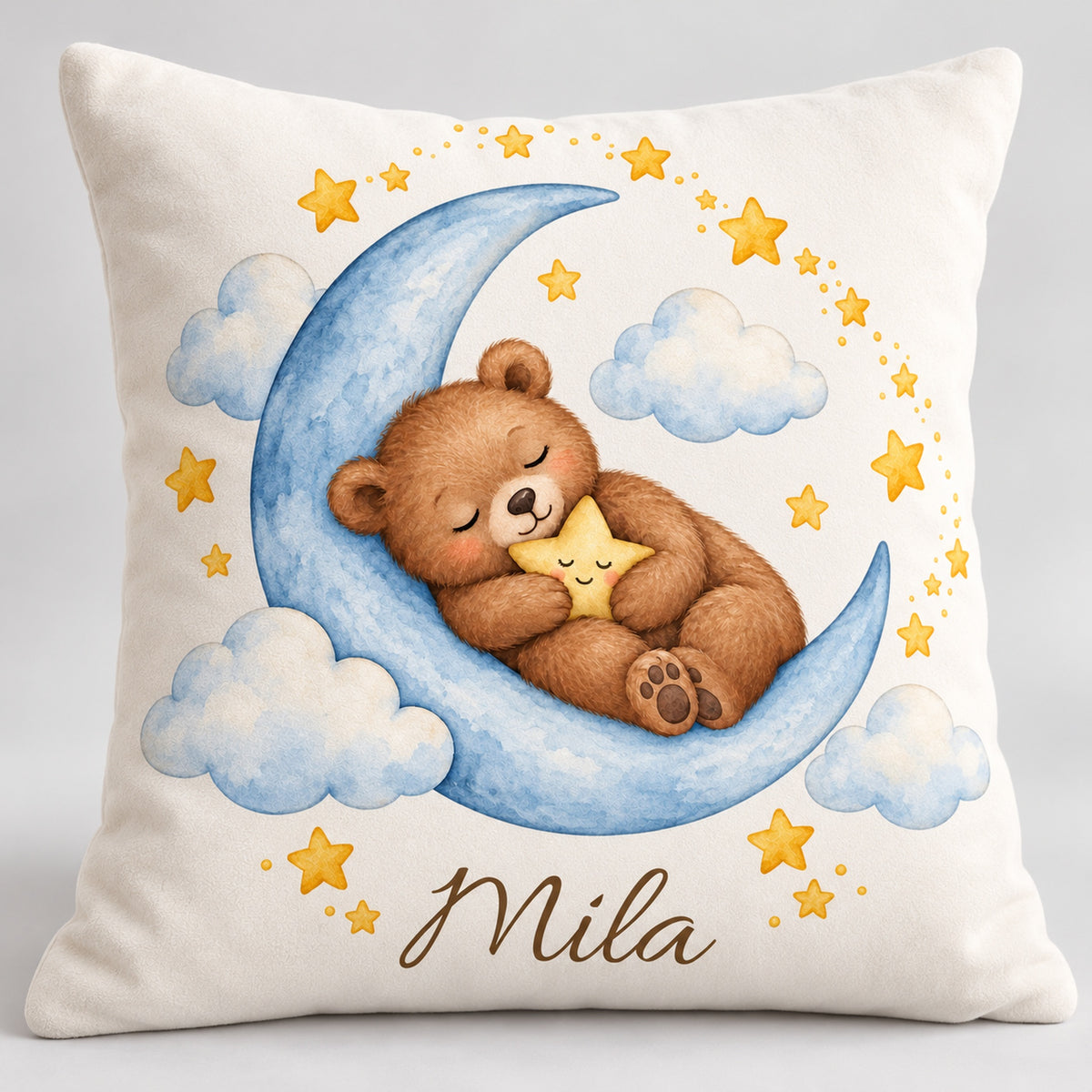 Sternenkuscheln: personalisierter Kissenbezug mit Bär, Mond und Beispielname Mila – Hauptbild