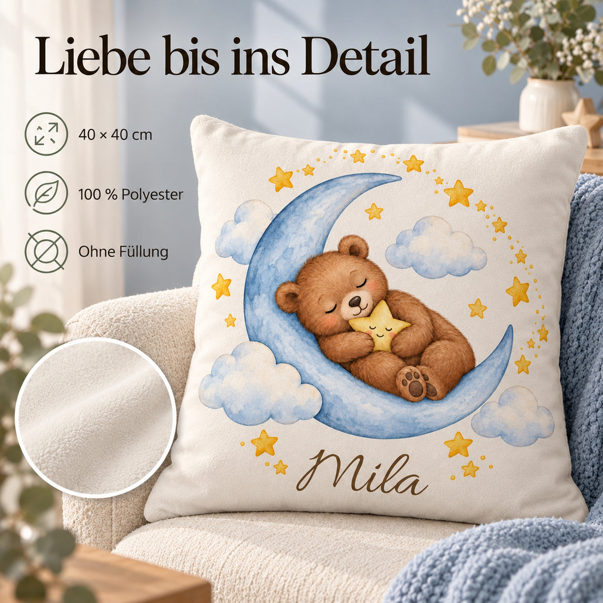Sternenkuscheln: personalisierter Kissenbezug mit Bär, Mond und Beispielname Mila – Produktdetails
