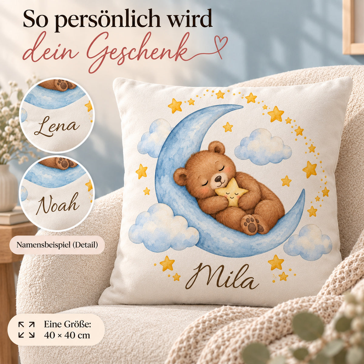 Sternenkuscheln: personalisierter Kissenbezug mit Bär, Mond und Beispielname Mila – Personalisierung