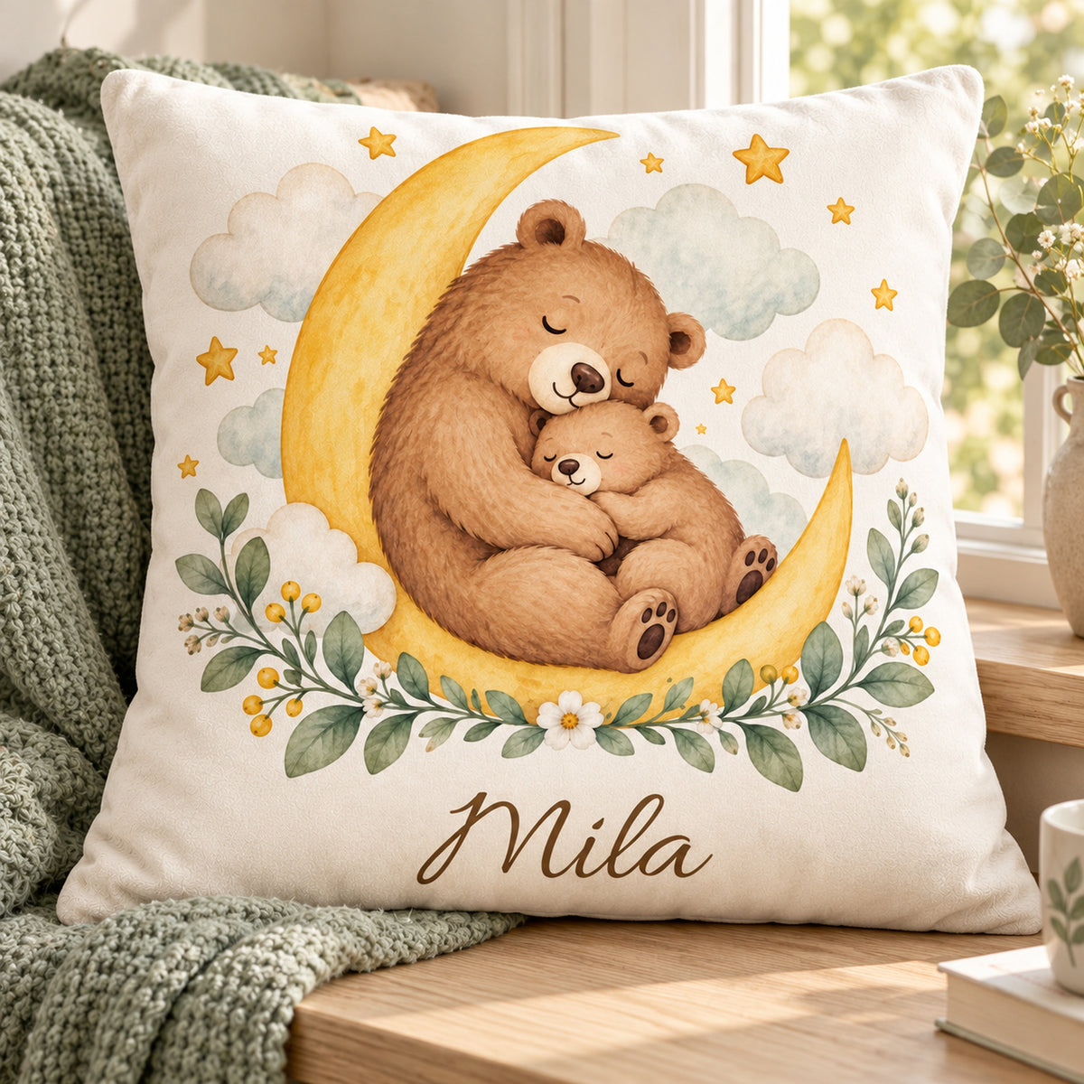 Bärenkuscheln: personalisierter Kissenbezug mit Bär, Mond und Beispielname Mila – Schrägansicht