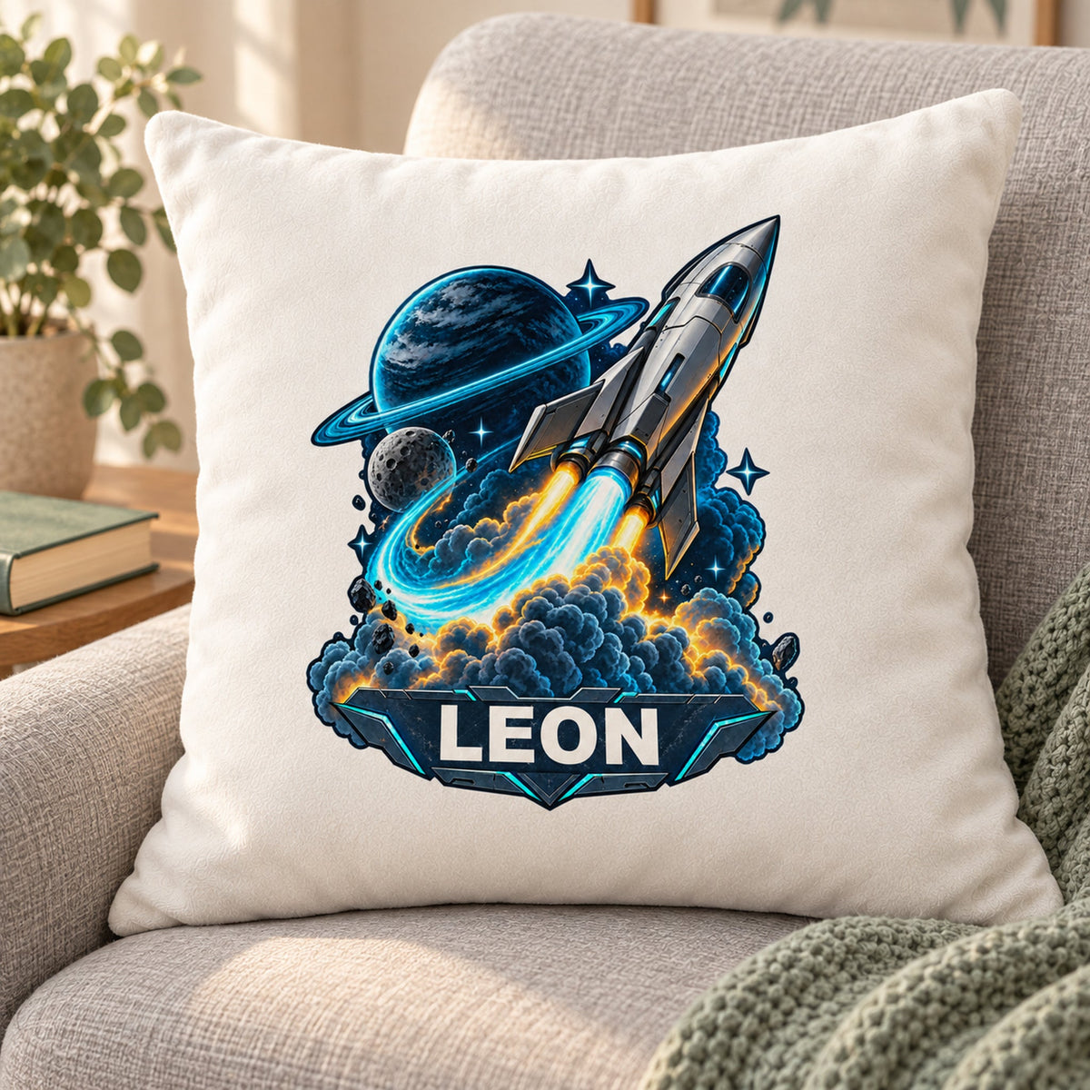 Wohnszene: personalisierter Dekokissenbezug Neonstart mit Rakete und Ringplanet und Beispielname LEON; 40 × 40 cm.