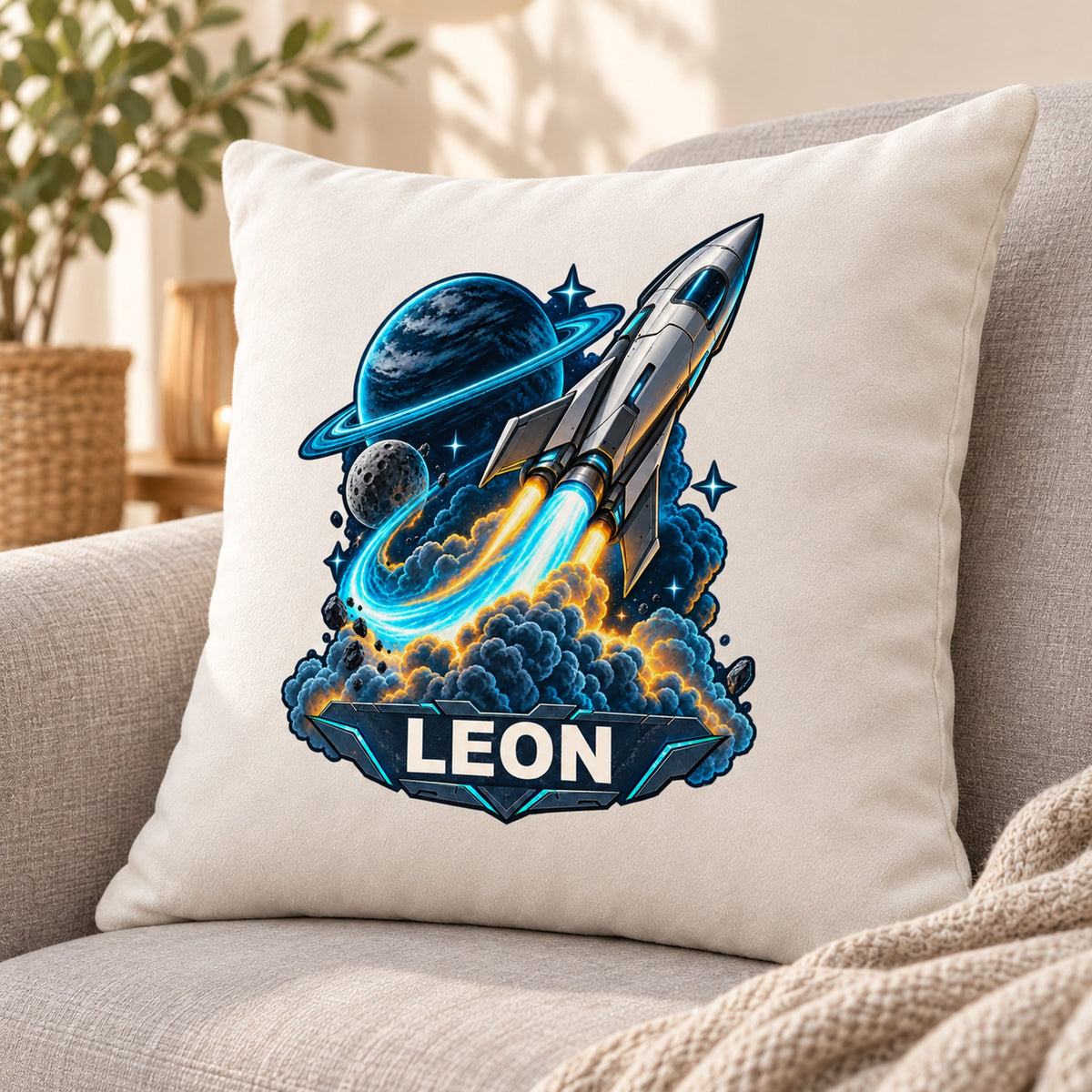 Schrägansicht: personalisierter Dekokissenbezug Neonstart mit Rakete und Ringplanet und Beispielname LEON; 40 × 40 cm.