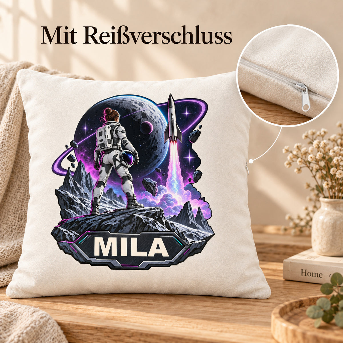 Reißverschlussdetail: personalisierter Dekokissenbezug Mondmission mit Astronautin und Mond und Beispielname MILA; 40 × 40 cm.