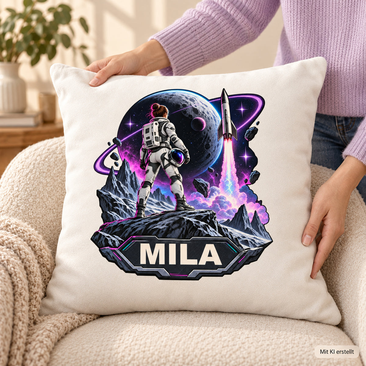 Nutzungsszene: personalisierter Dekokissenbezug Mondmission mit Astronautin und Mond und Beispielname MILA; 40 × 40 cm.