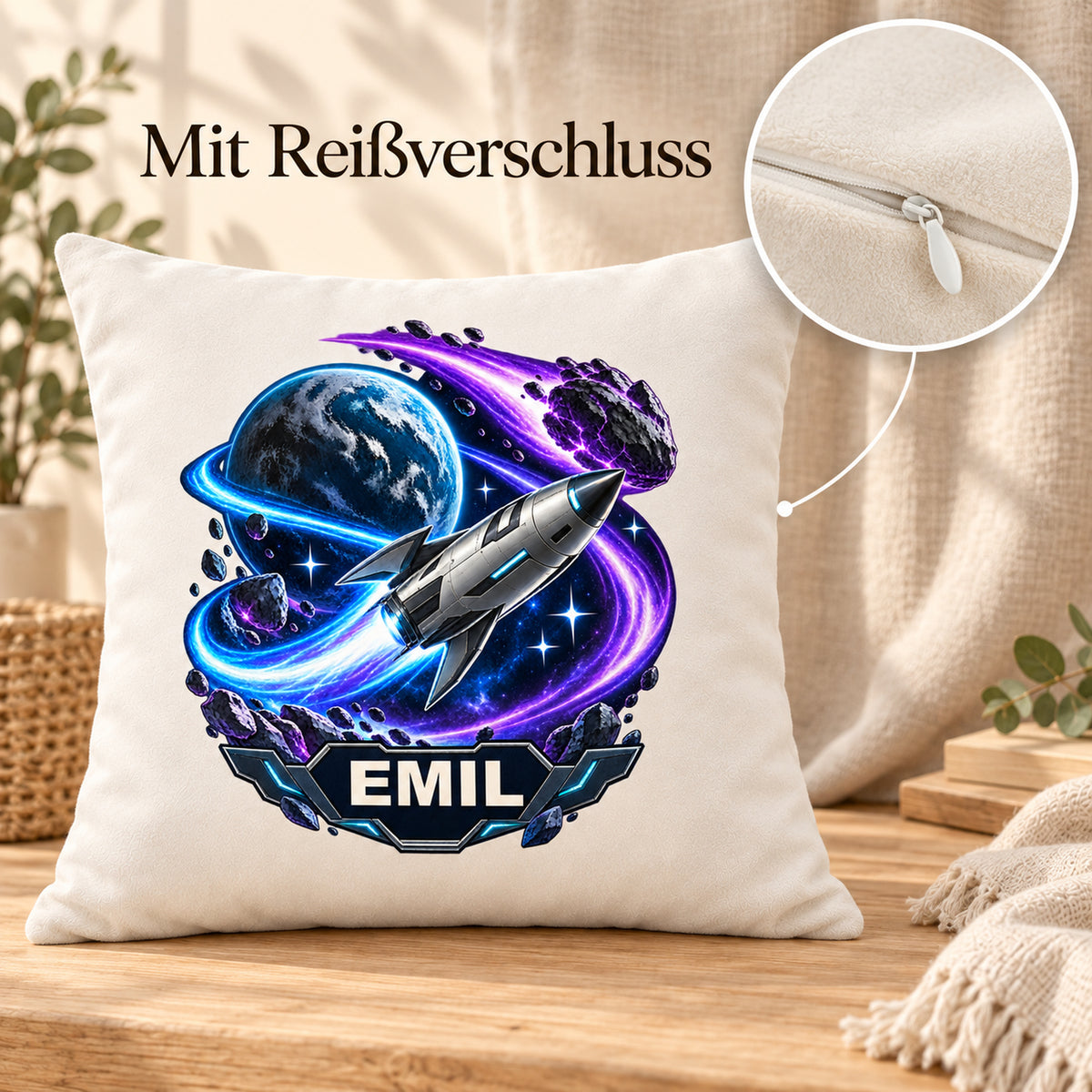 Reißverschlussdetail: personalisierter Dekokissenbezug Kometenflug mit Rakete und Komet und Beispielname EMIL; 40 × 40 cm.