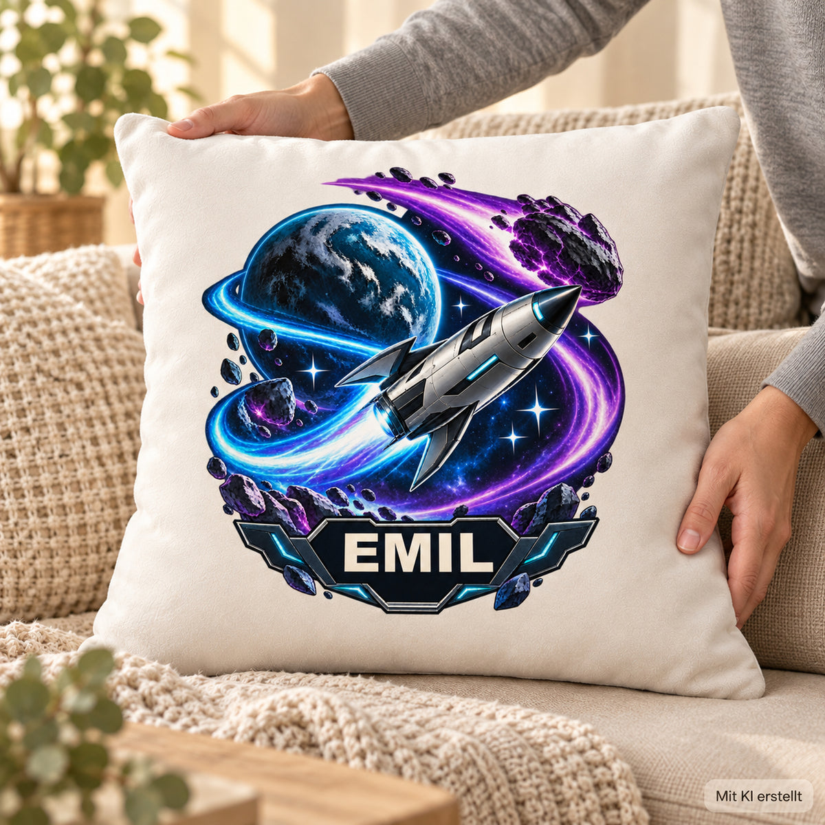 Nutzungsszene: personalisierter Dekokissenbezug Kometenflug mit Rakete und Komet und Beispielname EMIL; 40 × 40 cm.