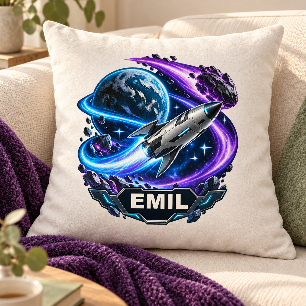Wohnszene: personalisierter Dekokissenbezug Kometenflug mit Rakete und Komet und Beispielname EMIL; 40 × 40 cm.