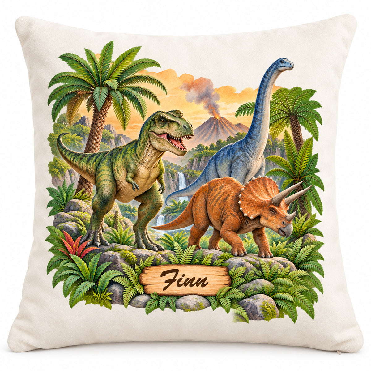 Dinosaurier-Kissenbezug Vulkantal, 40 × 40 cm, mit Beispielname Finn – Hauptbild.