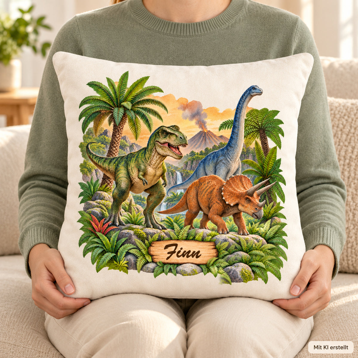 Dinosaurier-Kissenbezug Vulkantal, 40 × 40 cm, mit Beispielname Finn – Nutzung.