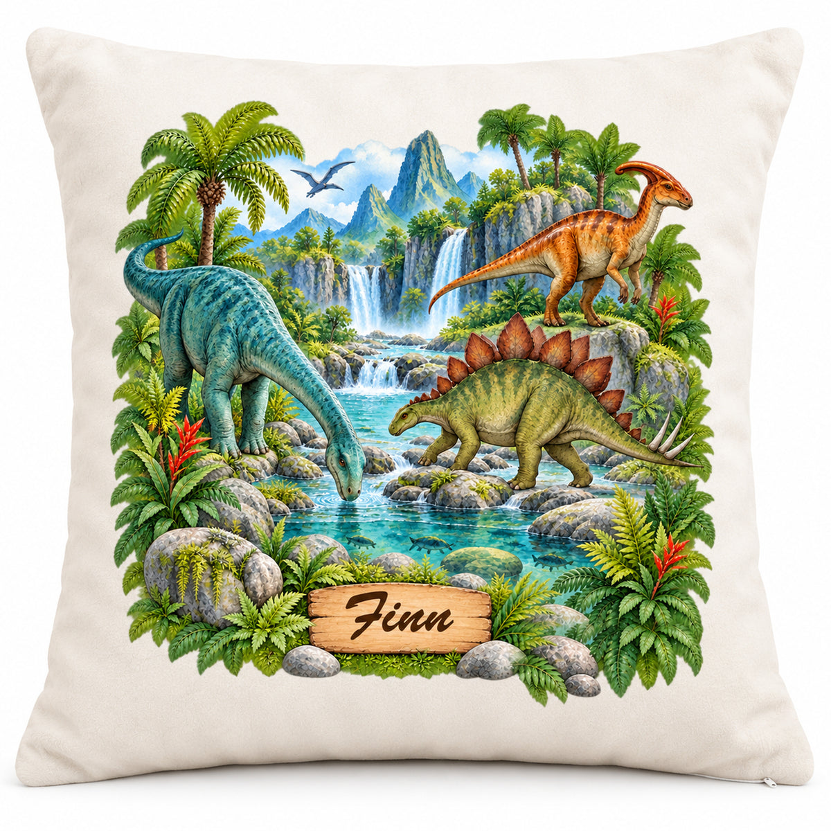 Dinosaurier-Kissenbezug Fluss-Expedition, 40 × 40 cm, mit Beispielname Finn – Hauptbild.