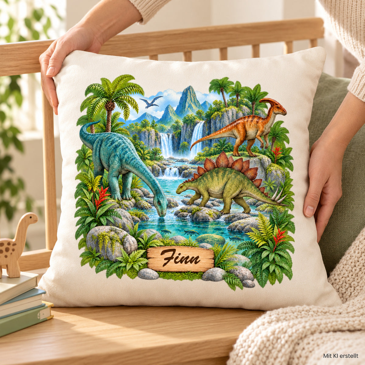 Dinosaurier-Kissenbezug Fluss-Expedition, 40 × 40 cm, mit Beispielname Finn – Nutzung.