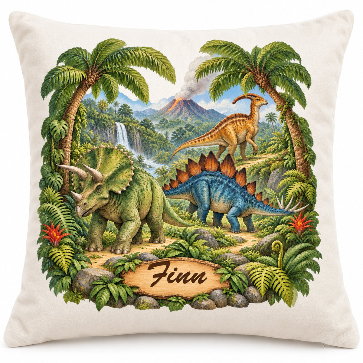 Dinosaurier-Kissenbezug Urwaldpfad, 40 × 40 cm, mit Beispielname Finn – Hauptbild.