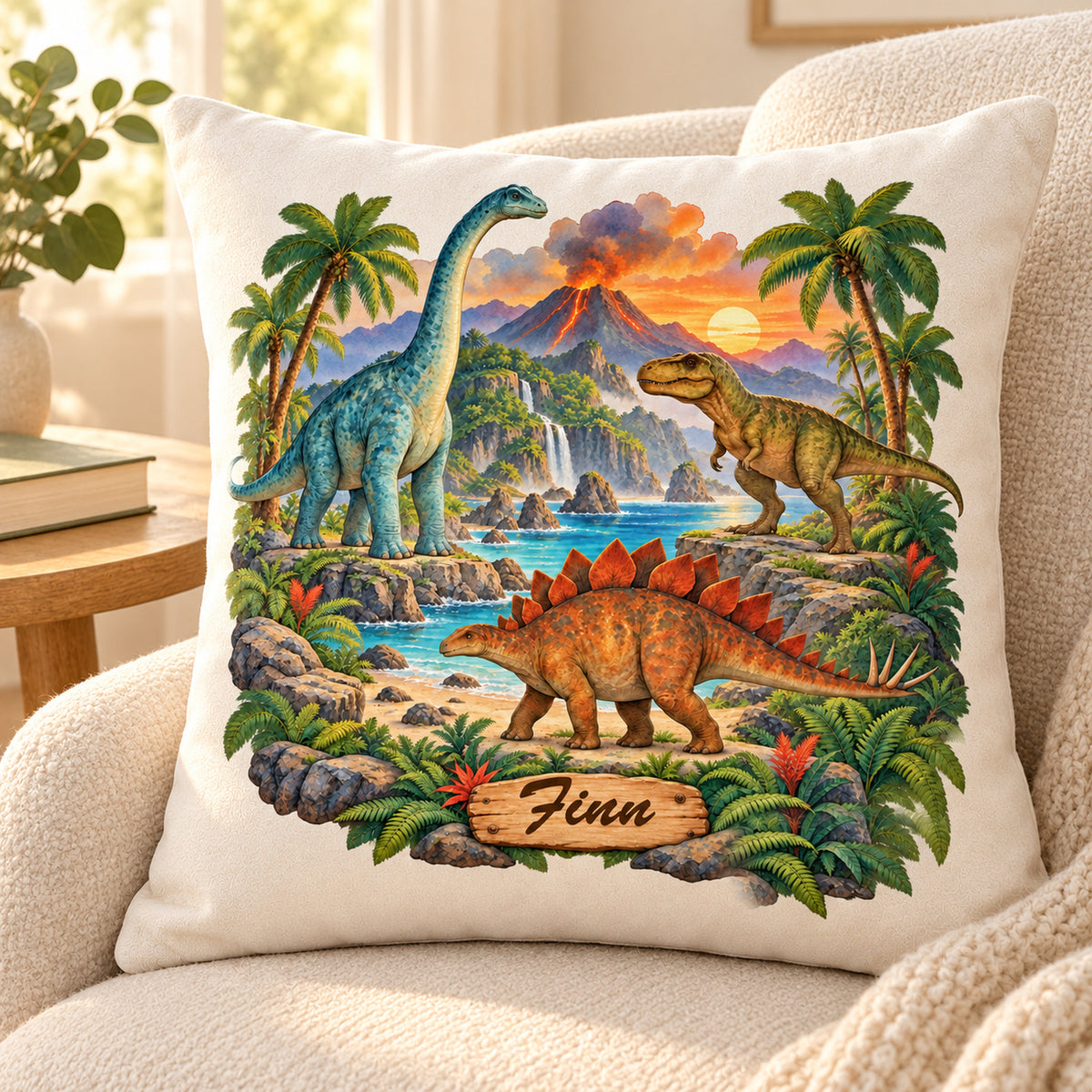 Dinosaurier-Kissenbezug Vulkaninsel, 40 × 40 cm, mit Beispielname Finn – Wohnszene.