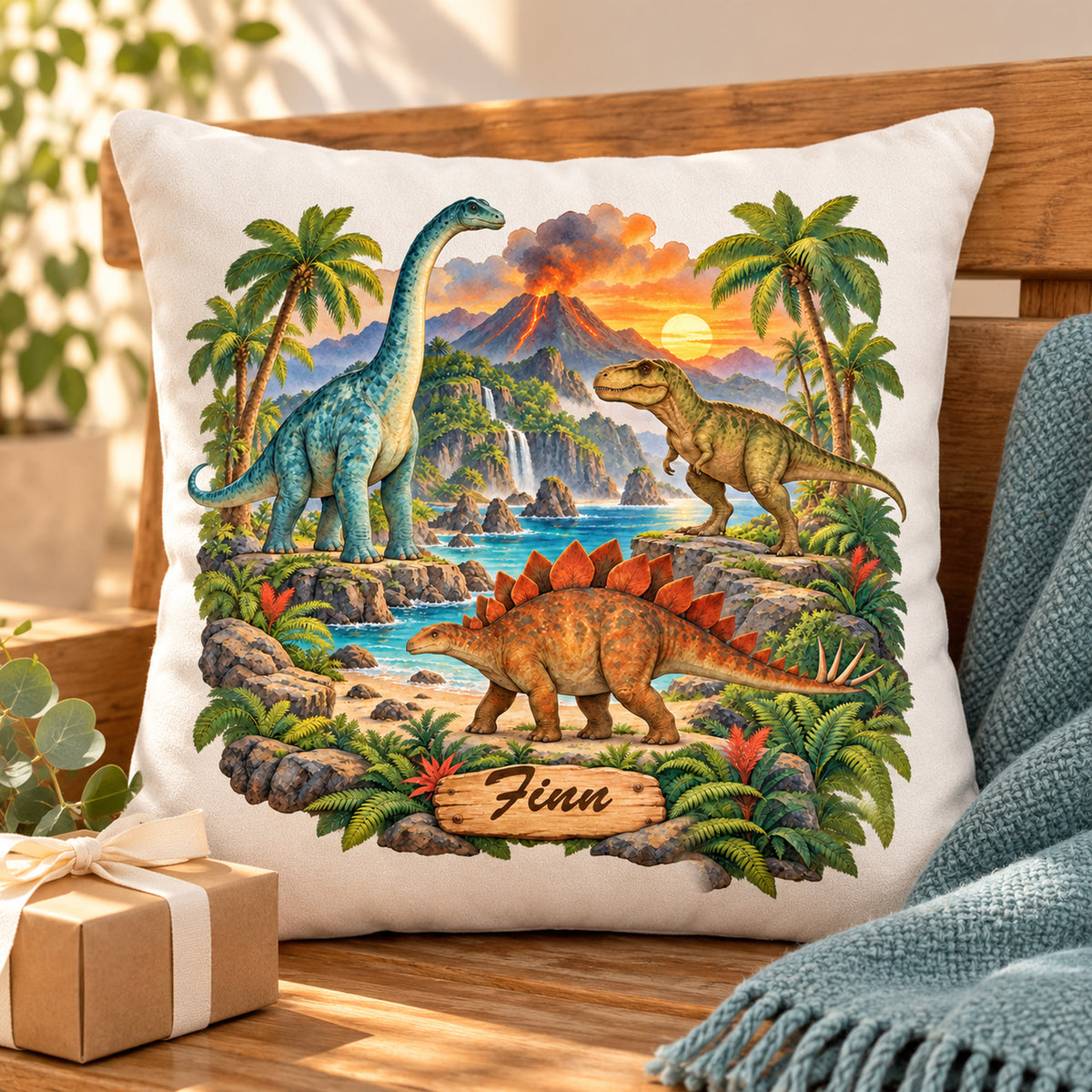 Dinosaurier-Kissenbezug Vulkaninsel, 40 × 40 cm, mit Beispielname Finn – Geschenk.