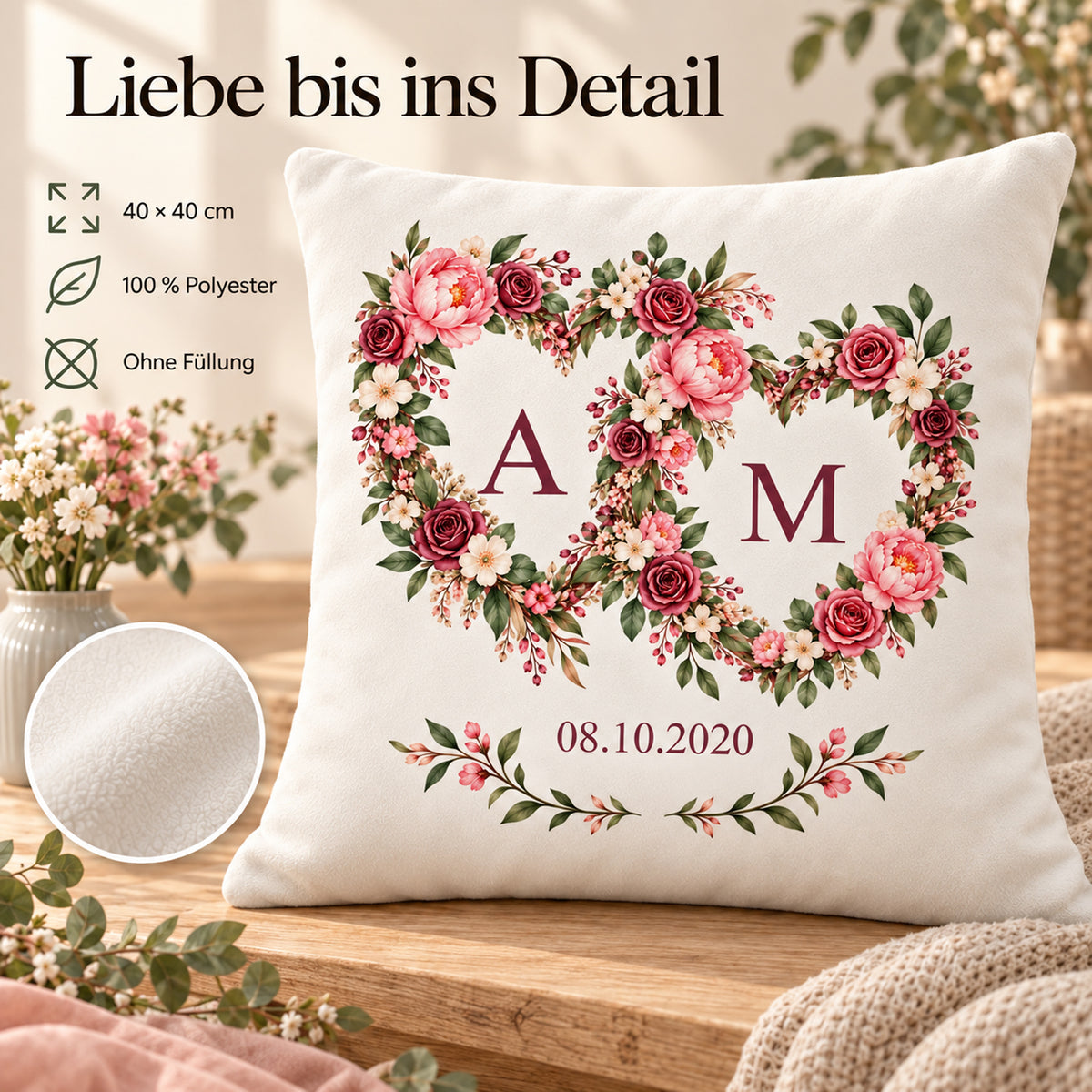 Blütenherzen: personalisierter Kissenbezug mit Paarinitialen A und M und Beispieldatum 08.10.2020 – Produktdetails