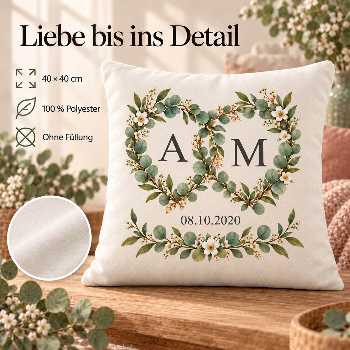 Eukalyptusverbunden: personalisierter Kissenbezug mit Paarinitialen A und M und Beispieldatum 08.10.2020 – Produktdetails