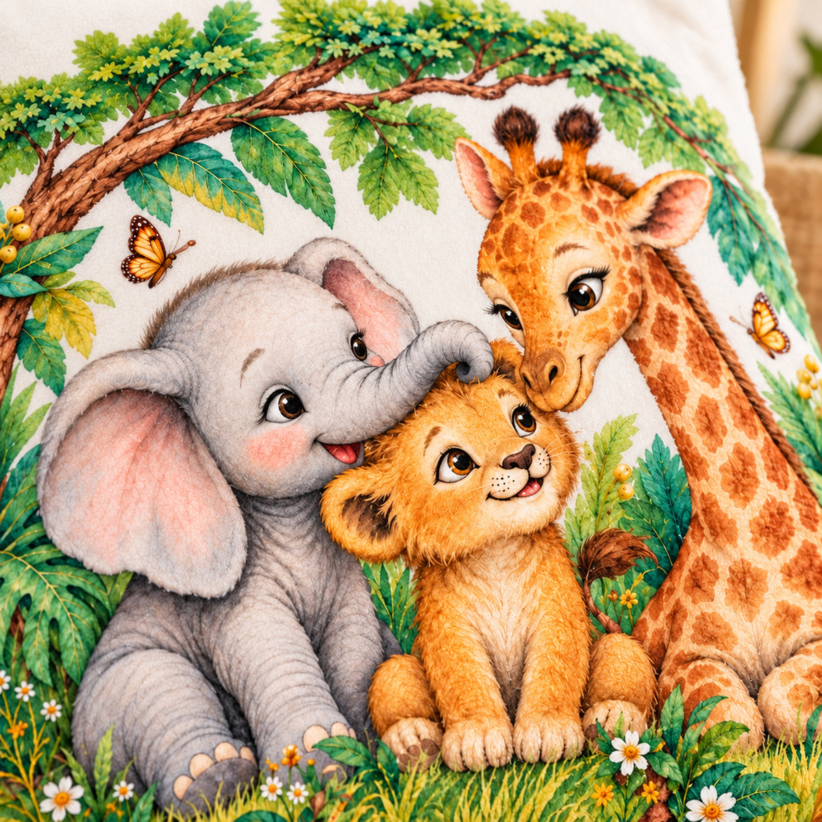 Safari-Freunde im Blätterbogen: Motiv-Nahaufnahme des personalisierten Safari-Kissenbezugs mit Beispielname Mila.
