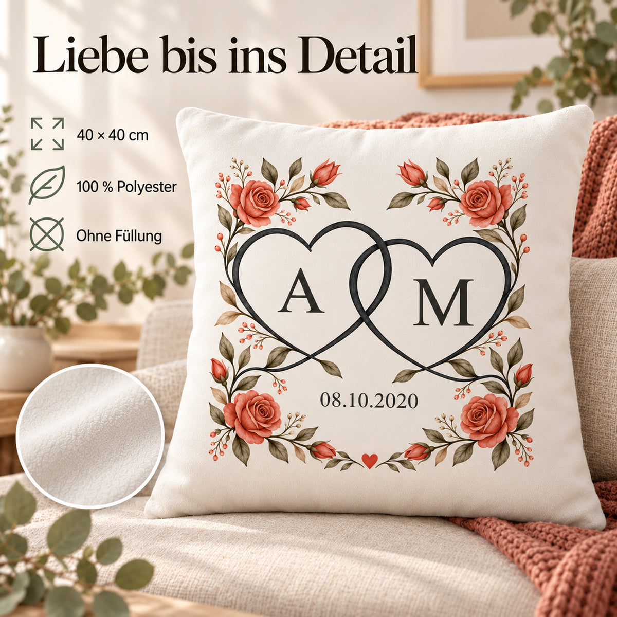 Herzlinien: personalisierter Kissenbezug mit Paarinitialen A und M und Beispieldatum 08.10.2020 – Produktdetails