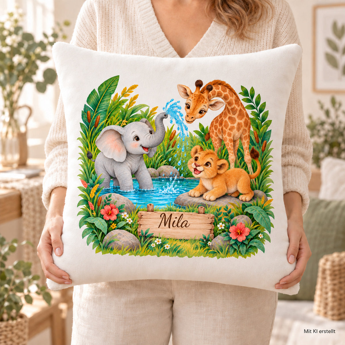 Abenteuer am Wasserloch: Nutzung mit Händen des personalisierten Safari-Kissenbezugs mit Beispielname Mila.