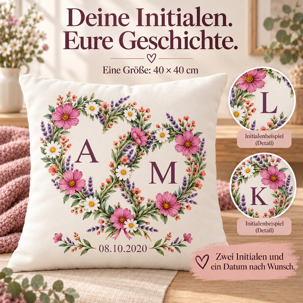 Wildblumenliebe: personalisierter Kissenbezug mit Paarinitialen A und M und Beispieldatum 08.10.2020 – Personalisierung