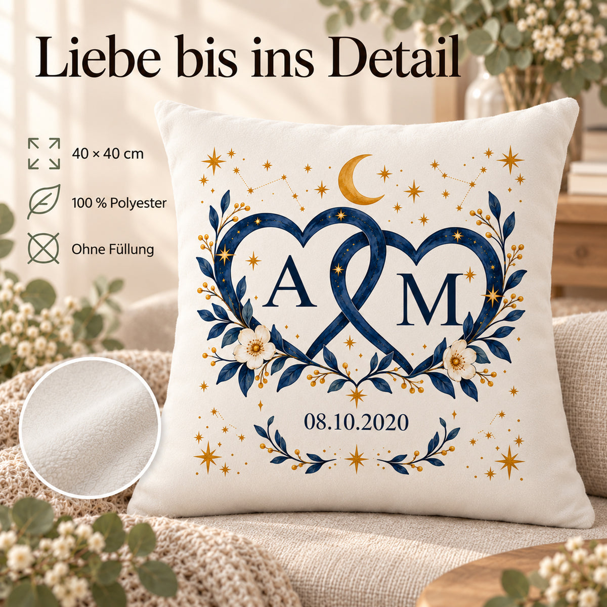 Sternenherzen: personalisierter Kissenbezug mit Paarinitialen A und M und Beispieldatum 08.10.2020 – Produktdetails