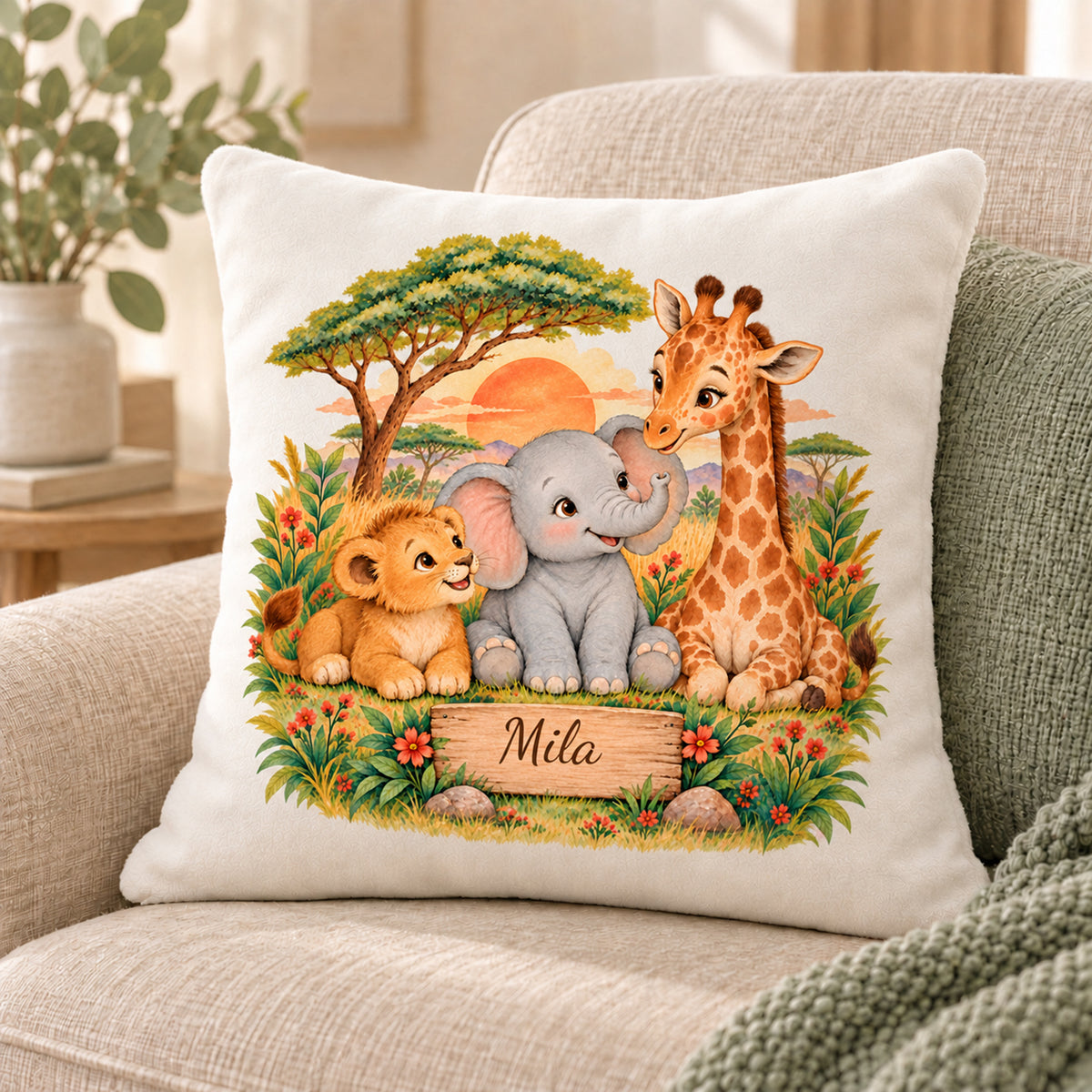 Safari im Abendlicht: Schrägansicht des personalisierten Safari-Kissenbezugs mit Beispielname Mila.