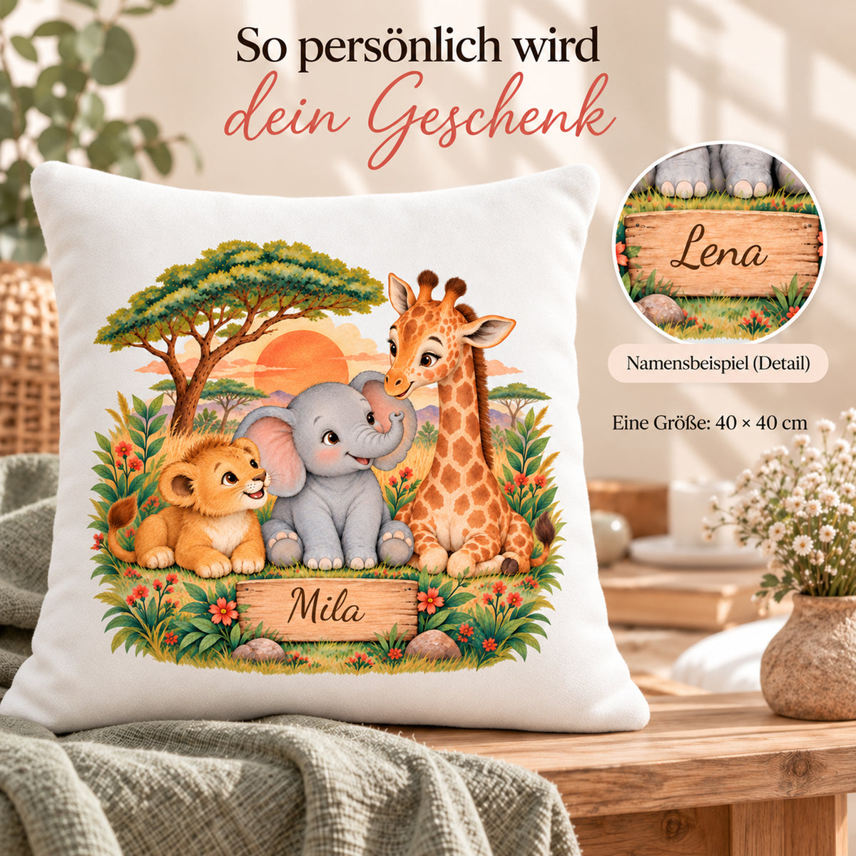 Safari im Abendlicht: Personalisierung des personalisierten Safari-Kissenbezugs mit Beispielname Mila.