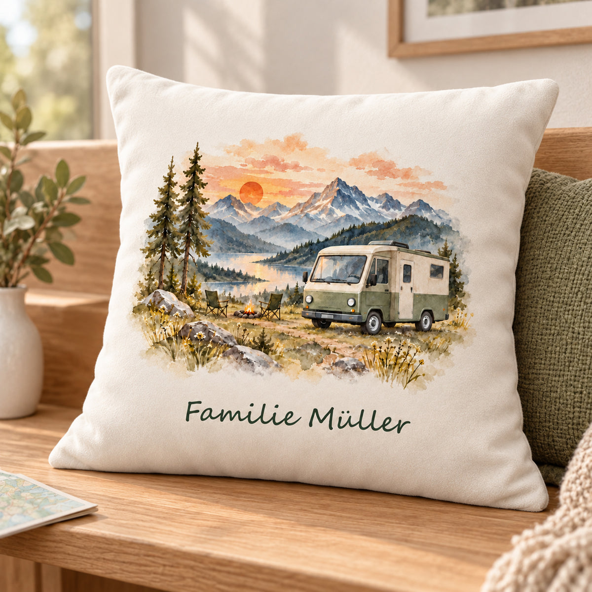 Schrägansicht: personalisierter Wohnmobil-Kissenbezug Alpengluehen, 40 × 40 cm, Beispiel Familie Müller
