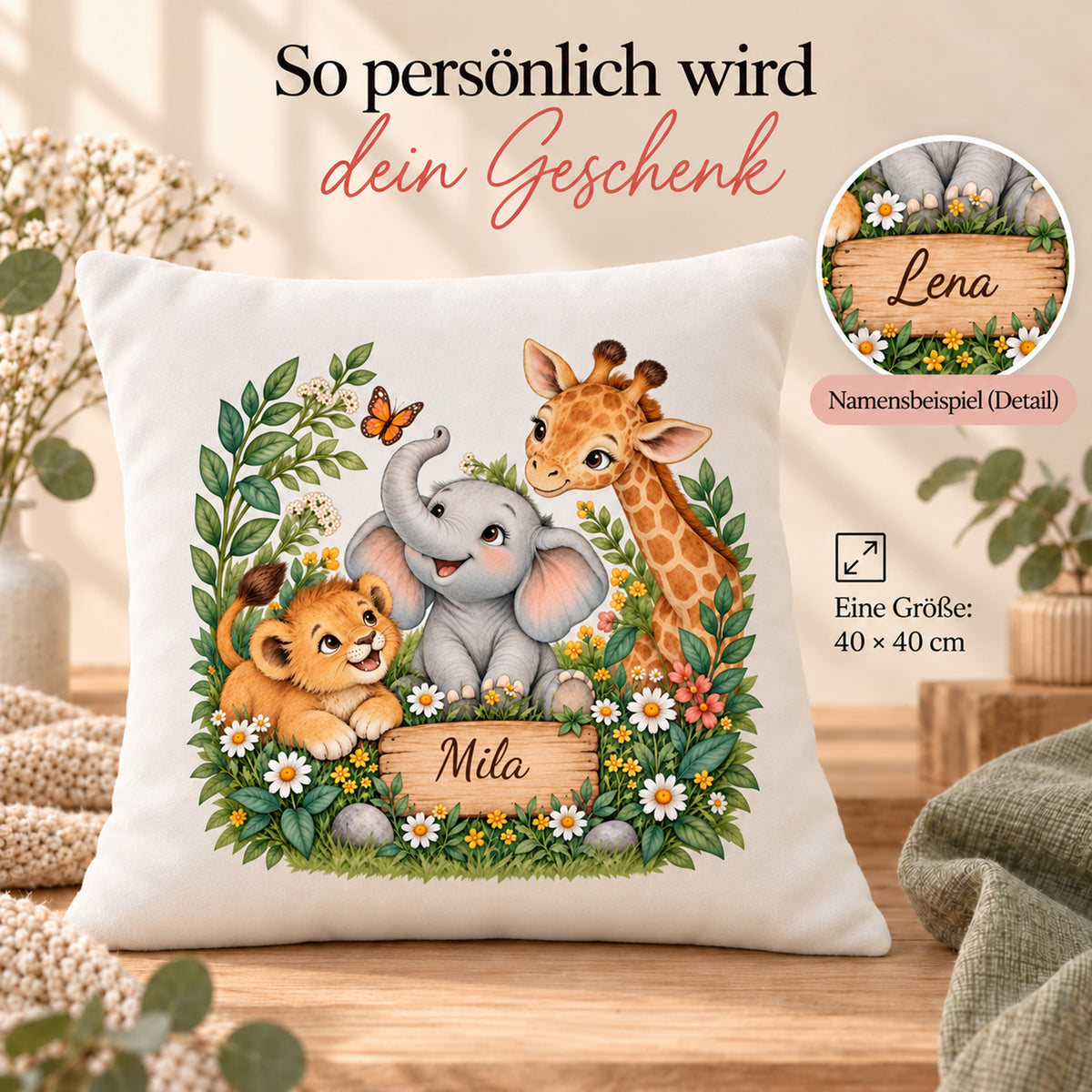 Tierfreunde auf der Blumenwiese: Personalisierung des personalisierten Safari-Kissenbezugs mit Beispielname Mila.